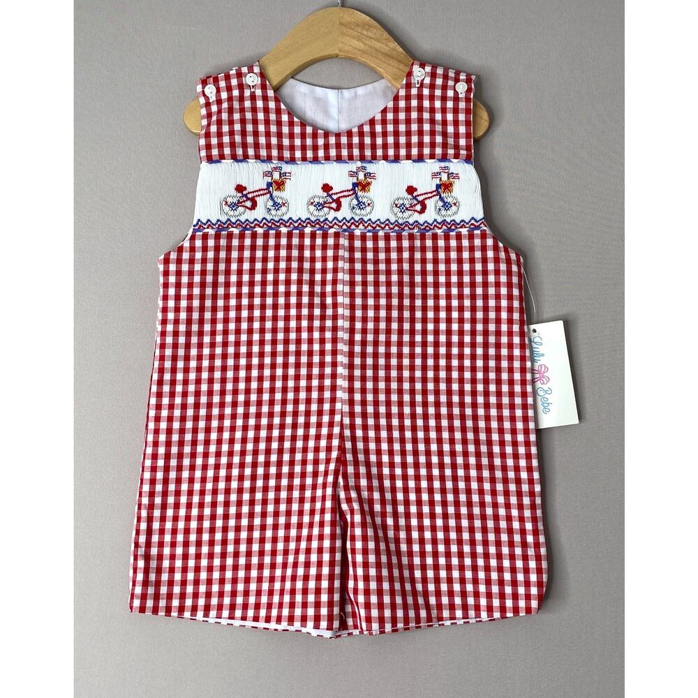 NWT Lulu Bebe Smocked Patriotic Bicycles Red Gingham Shortall Boys 24 Mo